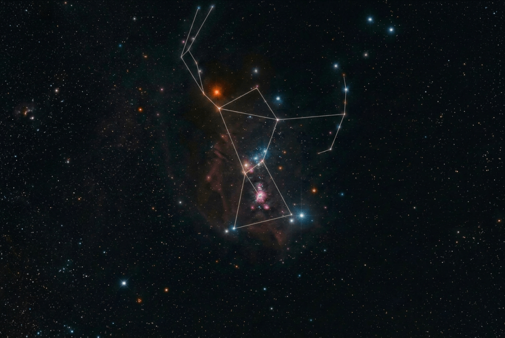 Night sky showing the Orion constellation with stars Betelgeuse, Bellatrix, Mintaka, Alnilam, Alnitak, Saiph, Rigel, and Ainilam labeled